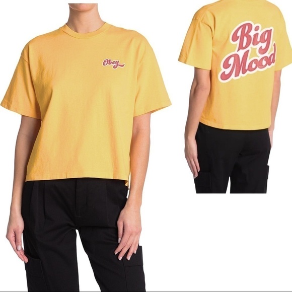 🌺 Obey Big Mood Bright Yellow Graphic Retro Boxy Fit Print Tee NWT - Picture 1 of 7